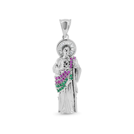 925 Sterling Silver Rhodium Plated Multicolor CZ 3D 32mm St Jude Pendant