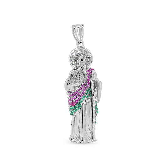 925 Sterling Silver Rhodium Plated Multicolor CZ 3D 42mm St Jude Pendant