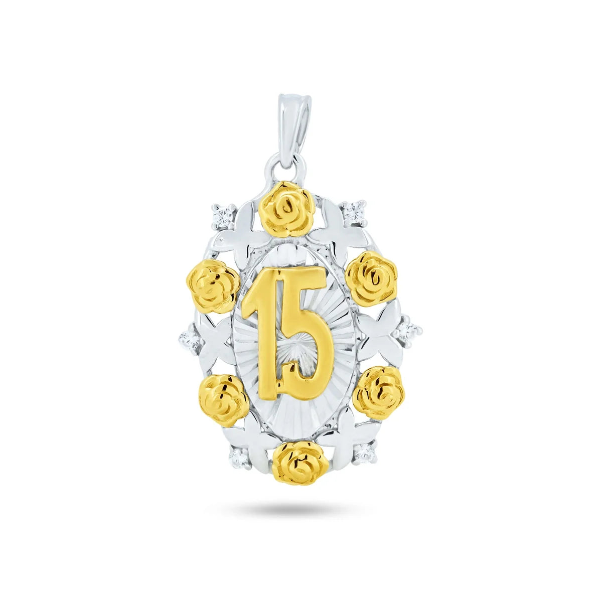 925 Sterling Silver Two-Tone Plated Moissanite or Cubic Zirconia Oval Disc Quinceañera Pendant
