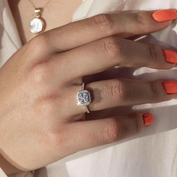 925 Sterling Silver Rhodium Plated Square Halo Ring with CZ Shank