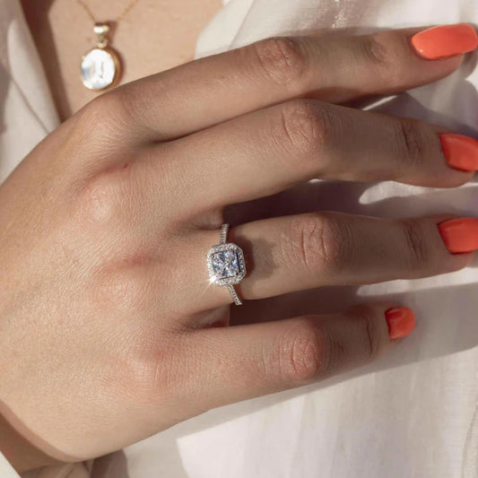 925 Sterling Silver Rhodium Plated Square Halo Ring with CZ Shank