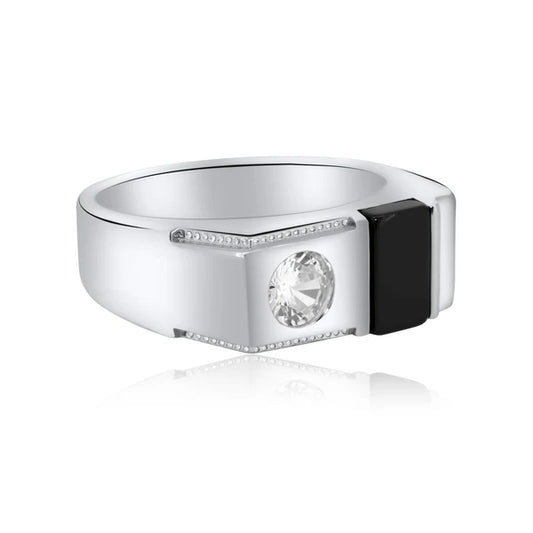 925 Sterling Silver Rhodium Men's Black Onyx Round CZ Ring