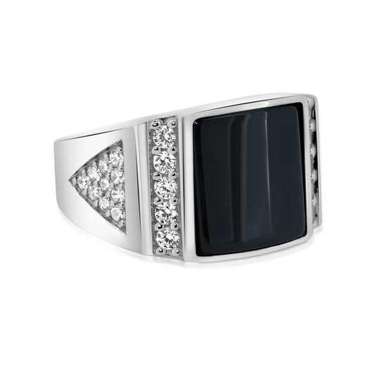 925 Sterling Silver Rhodium Men's Square Black Onyx CZ Triangle Shank Ring