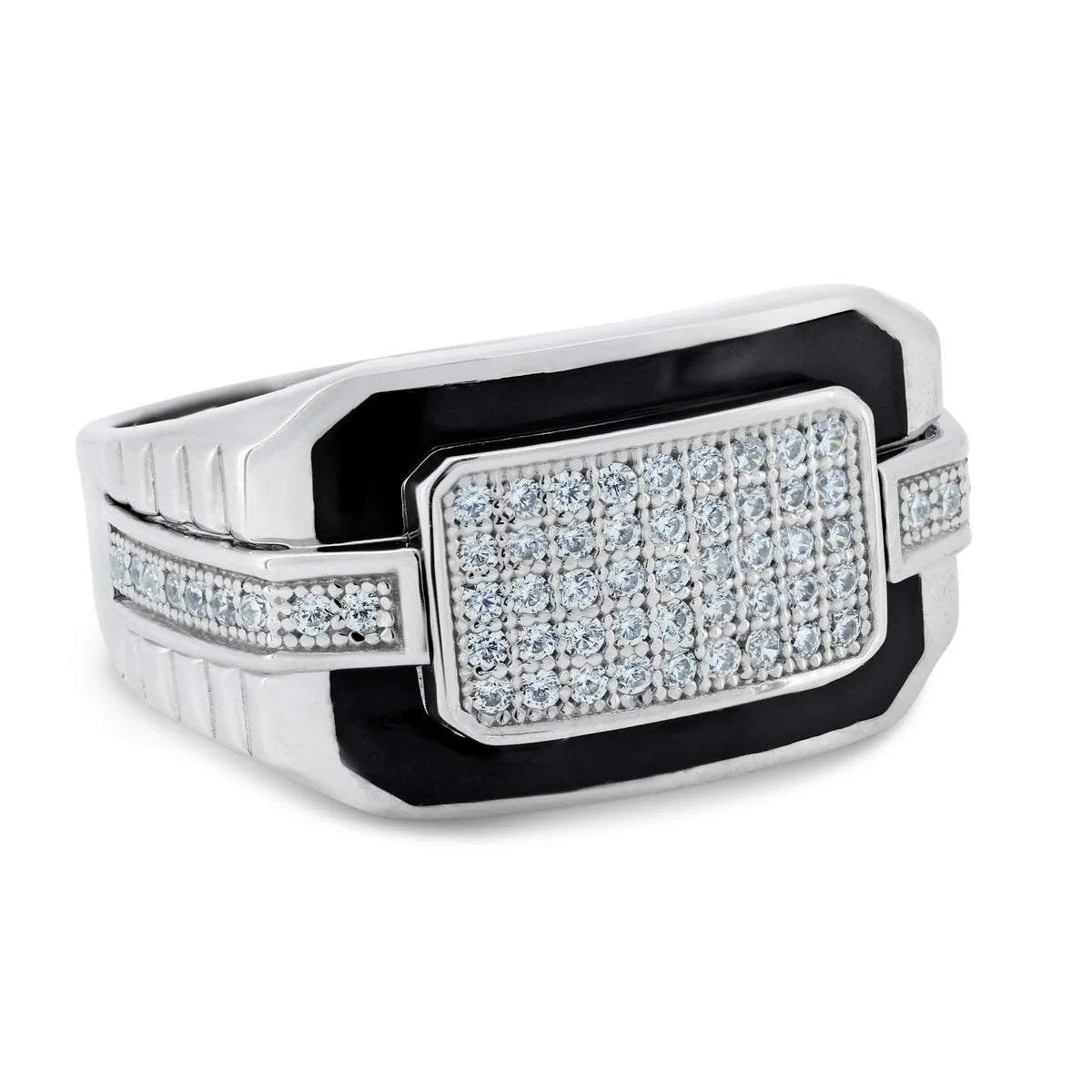 925 Sterling Silver Rhodium Plated Moissanite or Cubic Zirconia Men's Multi Row Black Enamel Ring
