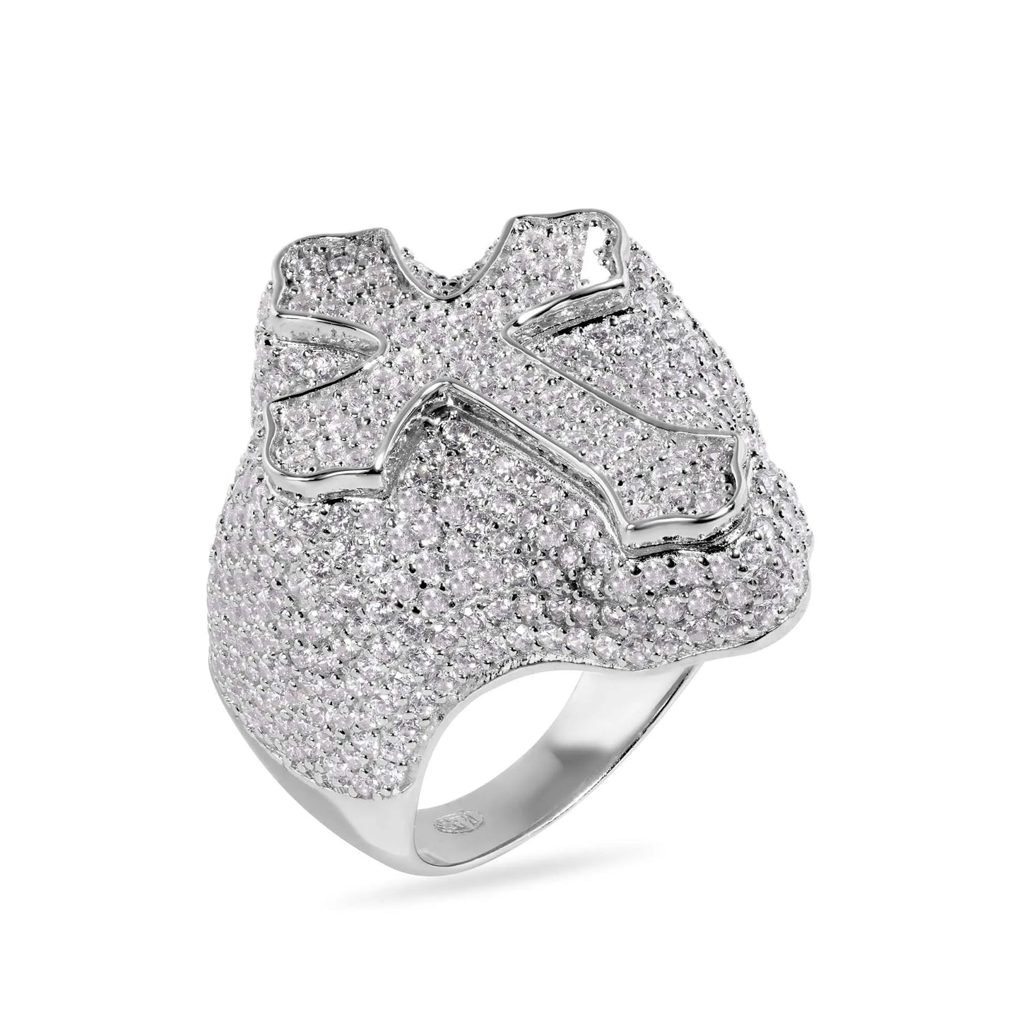 925 Sterling Silver Rhodium Plated Cross Clear CZ Studded Top 30mm Ring