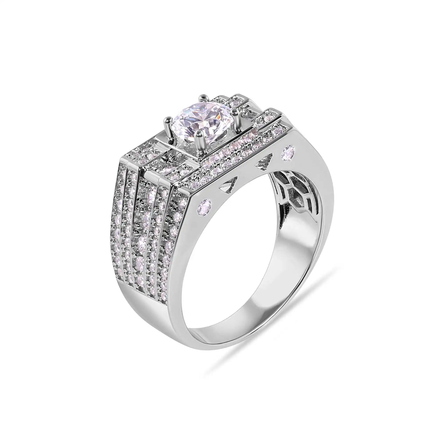 925 Sterling Silver Rhodium Plated Rectangular Clear CZ Studded Top 12mm Ring