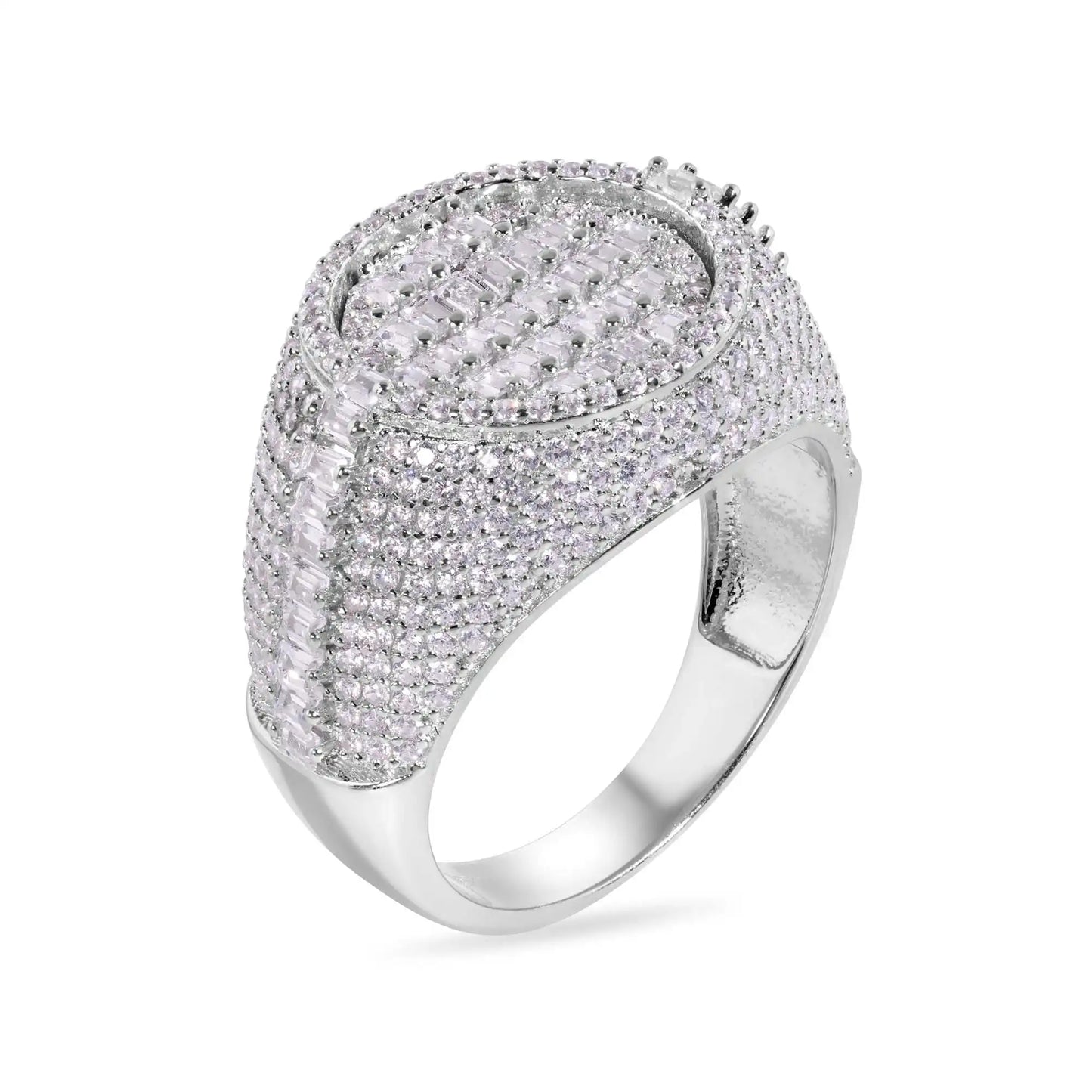 925 Sterling Silver Rhodium Plated Statement Baguette Clear CZ Round Top 17.5mm Ring