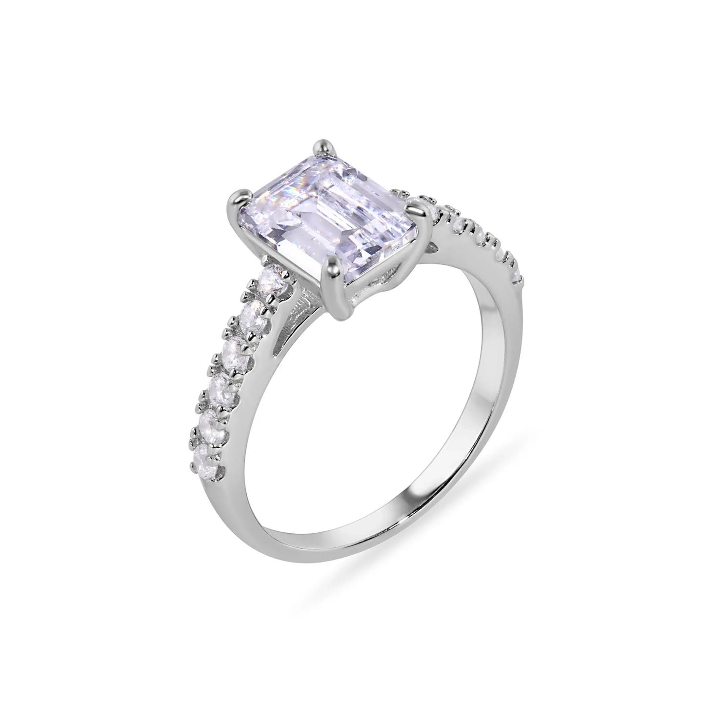 925 Sterling Silver Rhodium Plated Baguette Center CZ Stone Ring