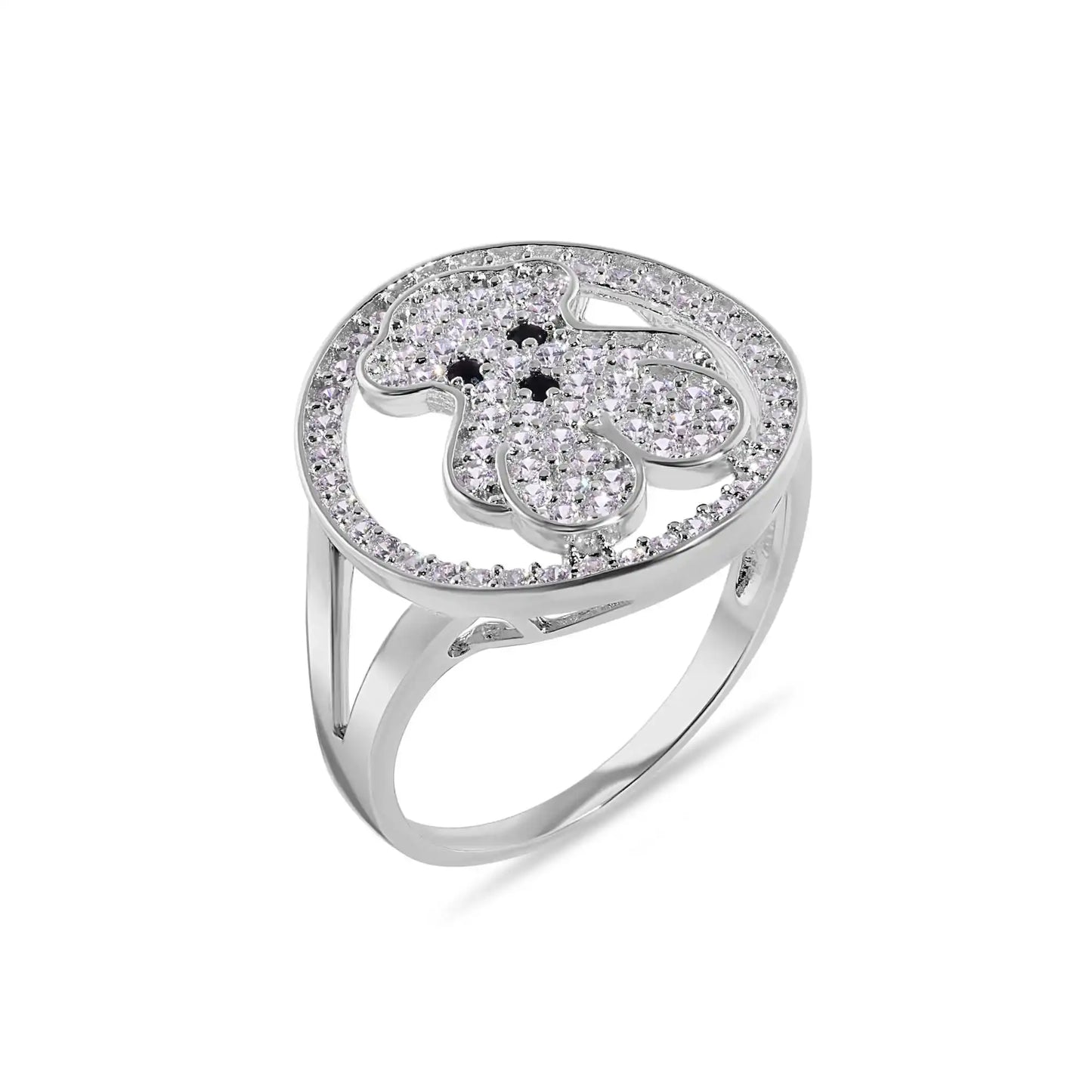 925 Sterling Silver Rhodium Plated Teddy Bear Round Top Clear CZ Studded 16.9mm Ring
