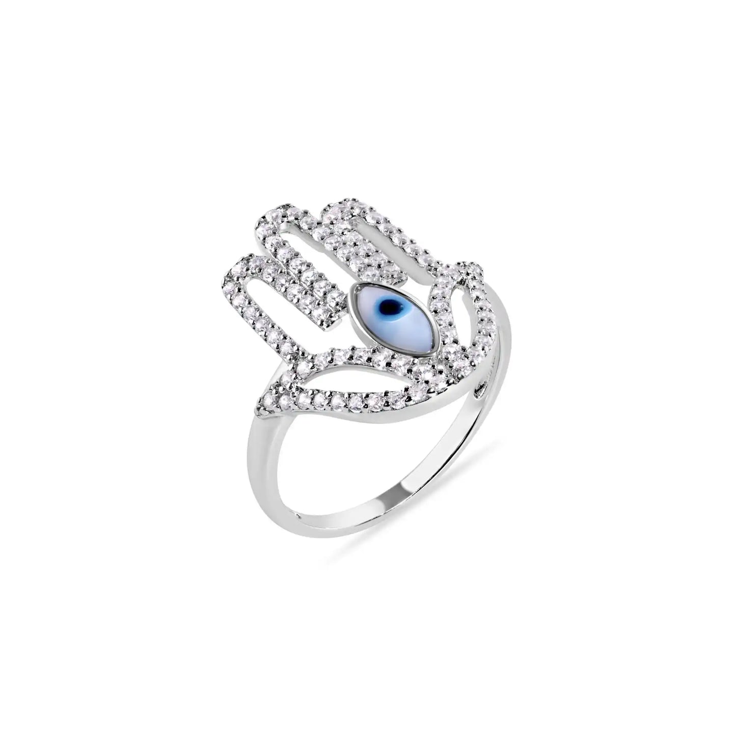 925 Sterling Silver Rhodium Plated Hamsa Evil Eye Cutout Clear Turquoise CZ Studded 18.1mm Ring