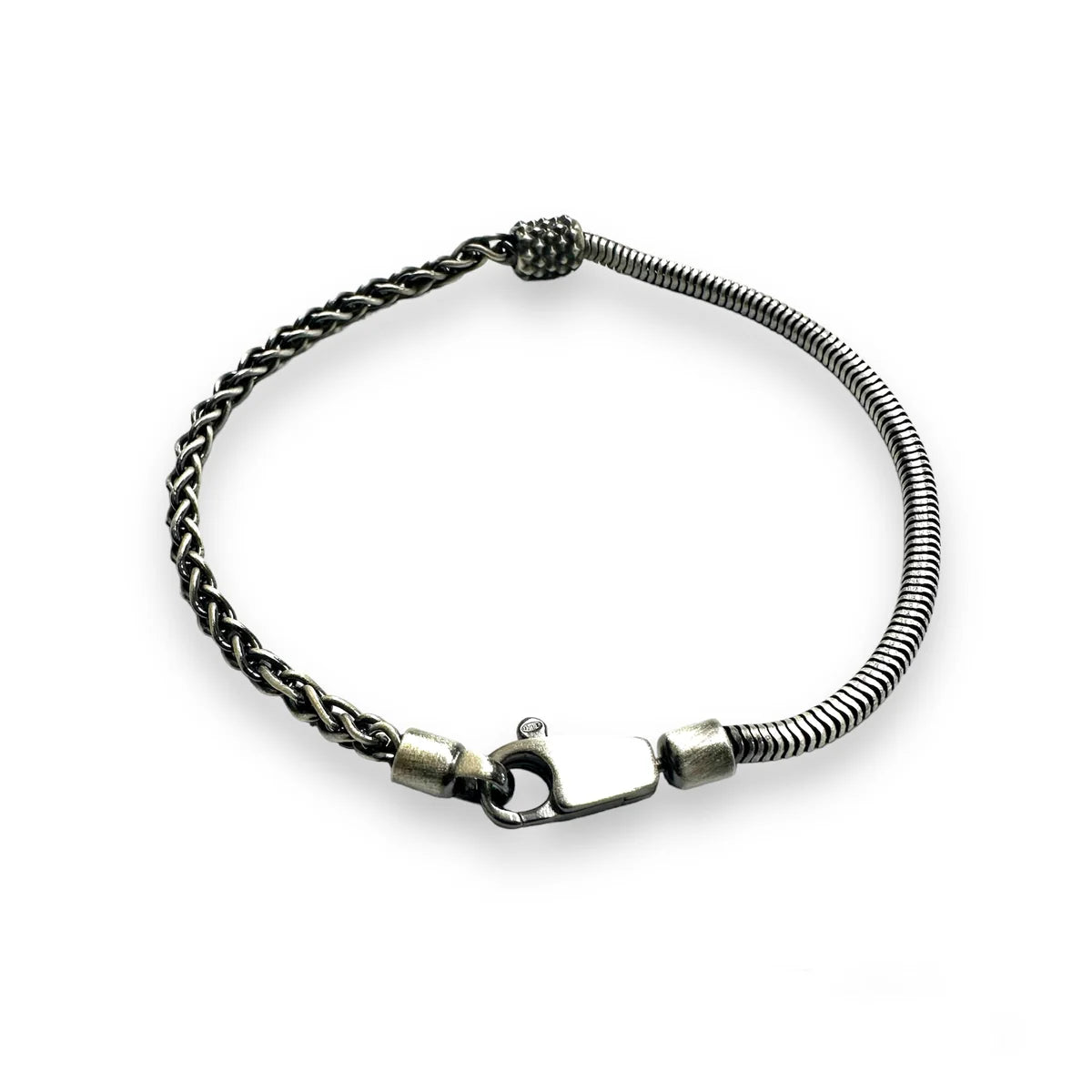 925 Sterling Gun Metal Plated Half Round Snake and Half Wheat Link Bracelet