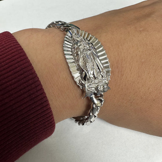 925 Sterling Silver Rhodium Plated Our Lady of Guadalupe Cuban 9mm Bracelet