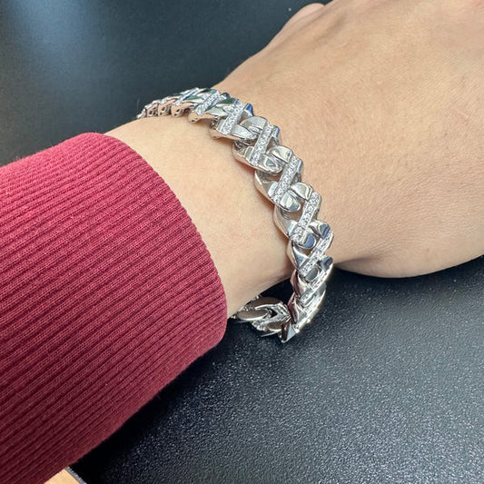 925 Sterling Silver Rhodium Plated Cuban CZ 12mm Bracelet
