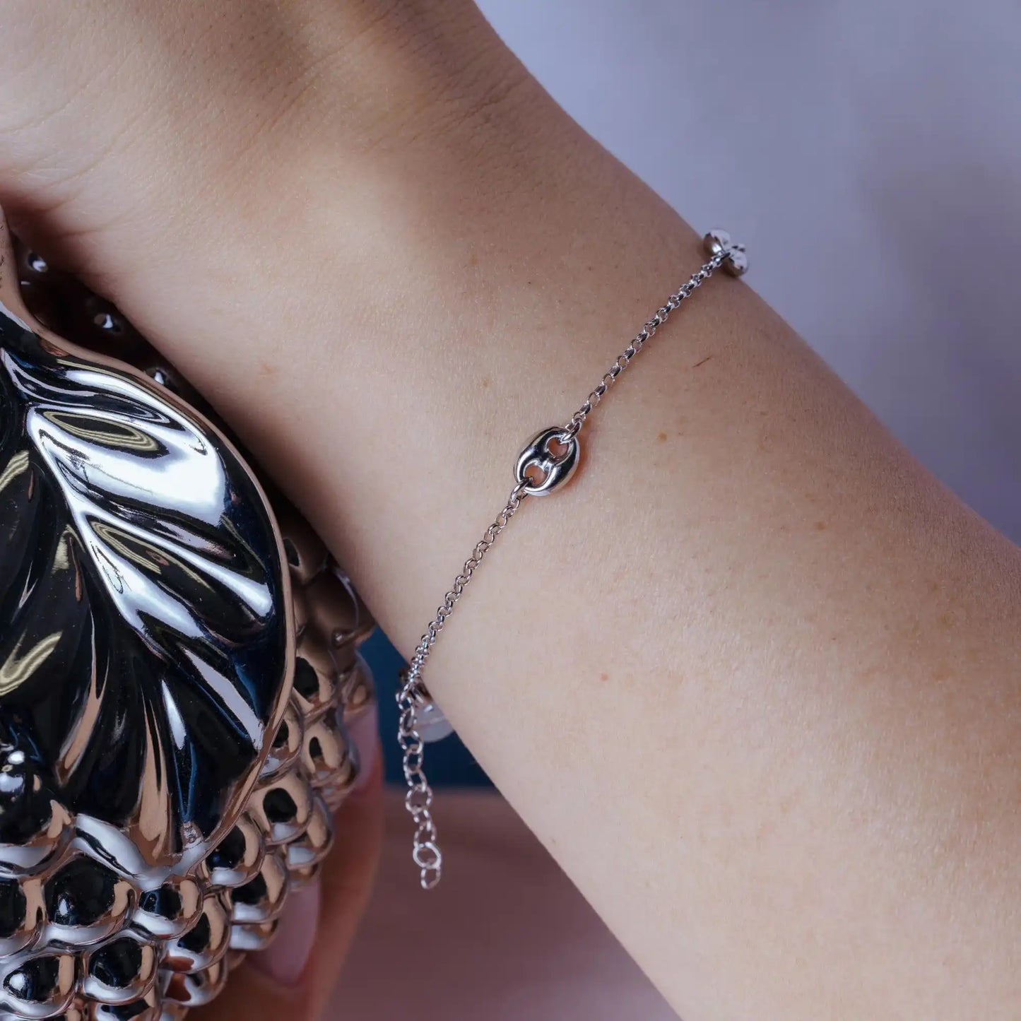 925 Sterling Silver Rhodium Plated Puffed Mariner Charm Adjustable Bracelet