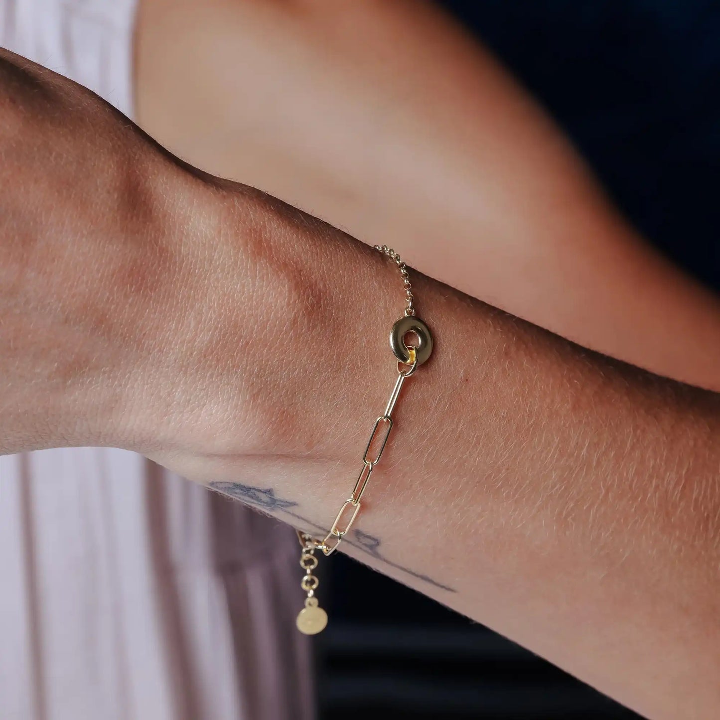 925 Sterling Silver Gold Plated Rolo Paperclip Donut Adjustable Bracelet