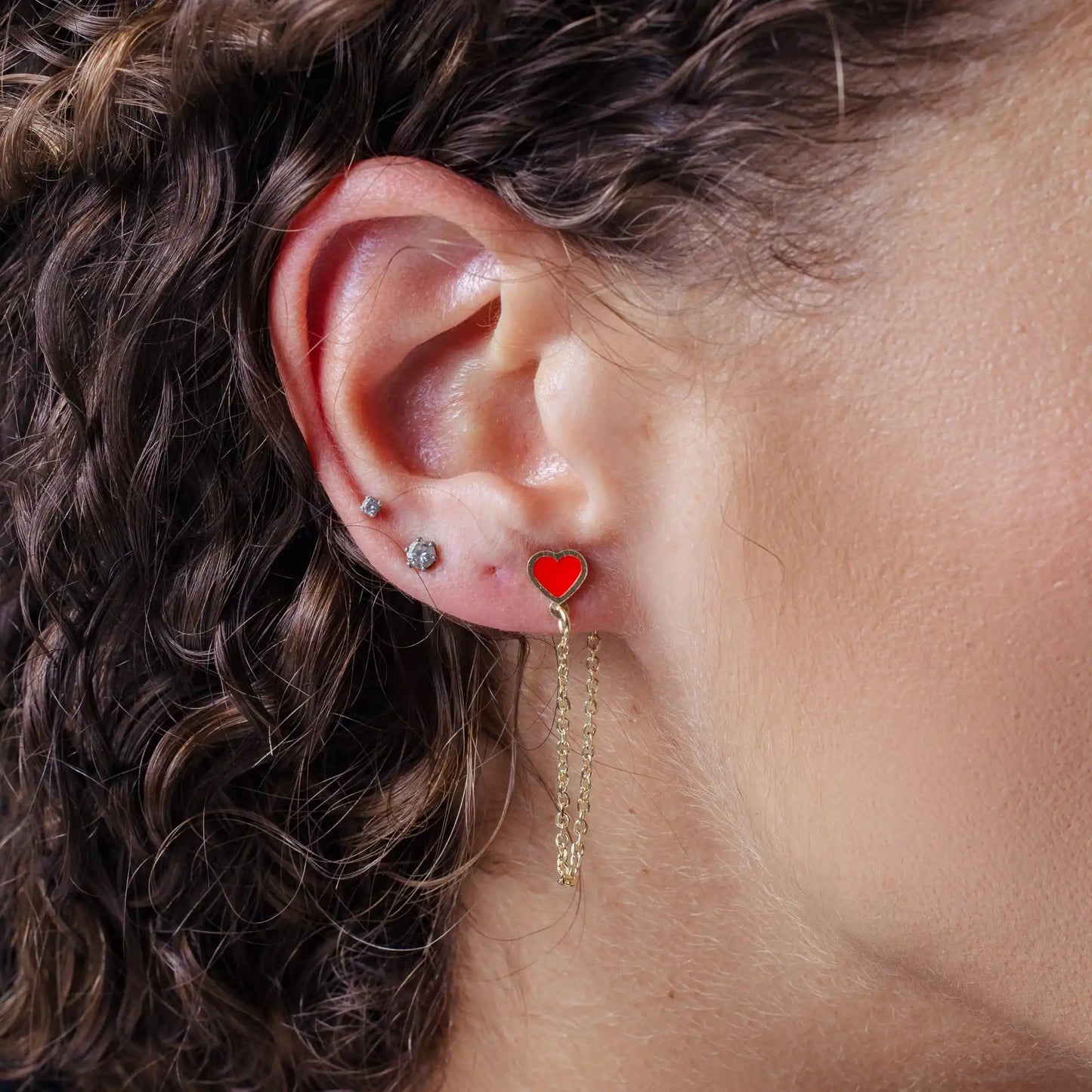 925 Sterling Silver Gold Plated Dangling Heart Red Enamel Stud Earrings