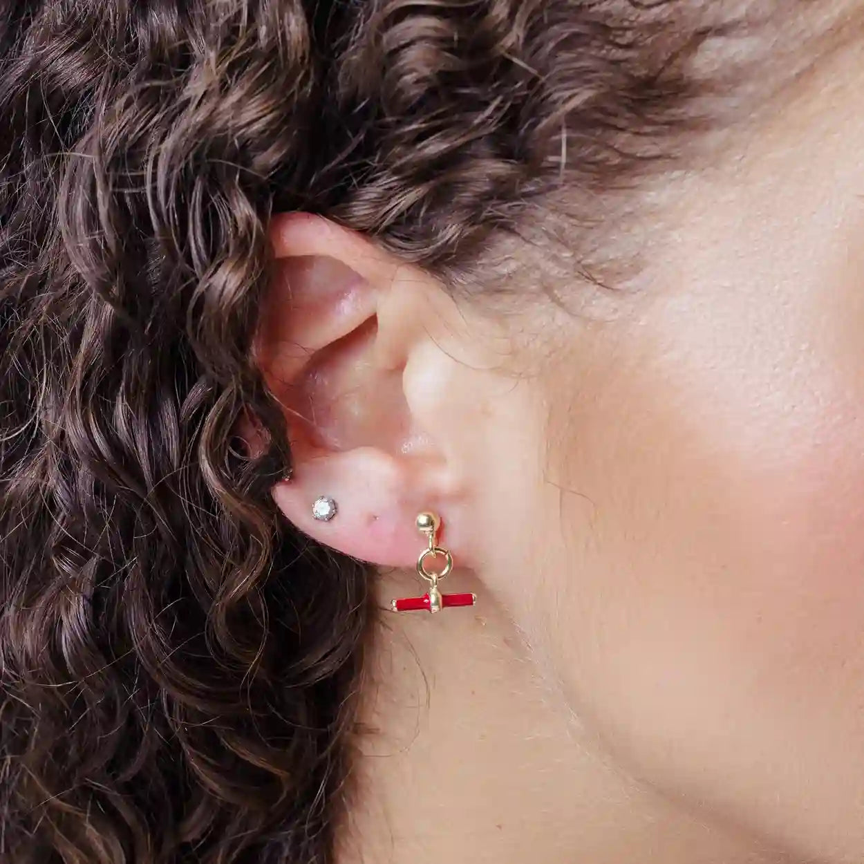 925 Sterling Silver Gold Plated Dangling Red Enamel Bar Stud Earrings