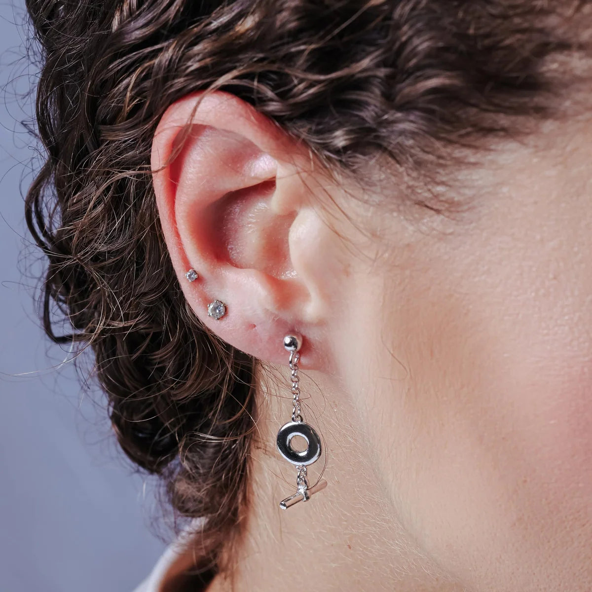 925 Sterling Silver Rhodium Plated Dangling Donut Bar Stud Earrings