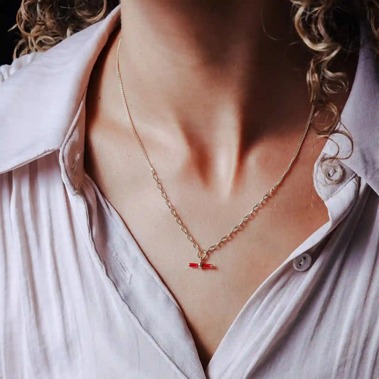 925 Sterling Silver Gold Plated Curb Rolo Adjustable Enamel Red Bar Necklace