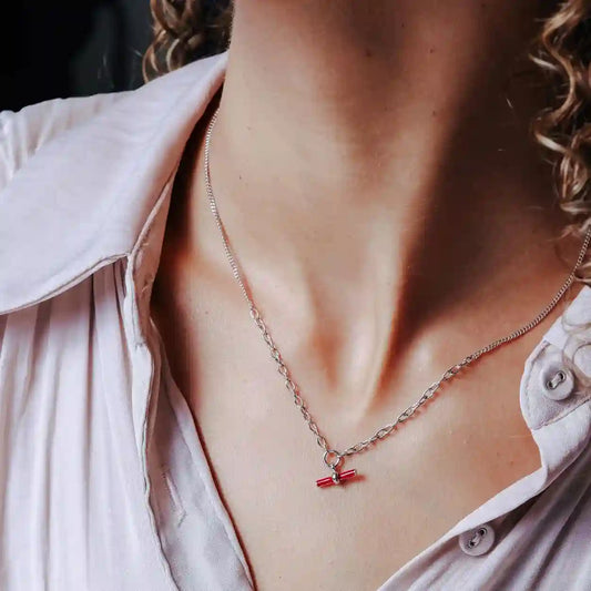 925 Sterling Silver Rhodium Plated Curb Rolo Adjustable Enamel Red Bar Necklace