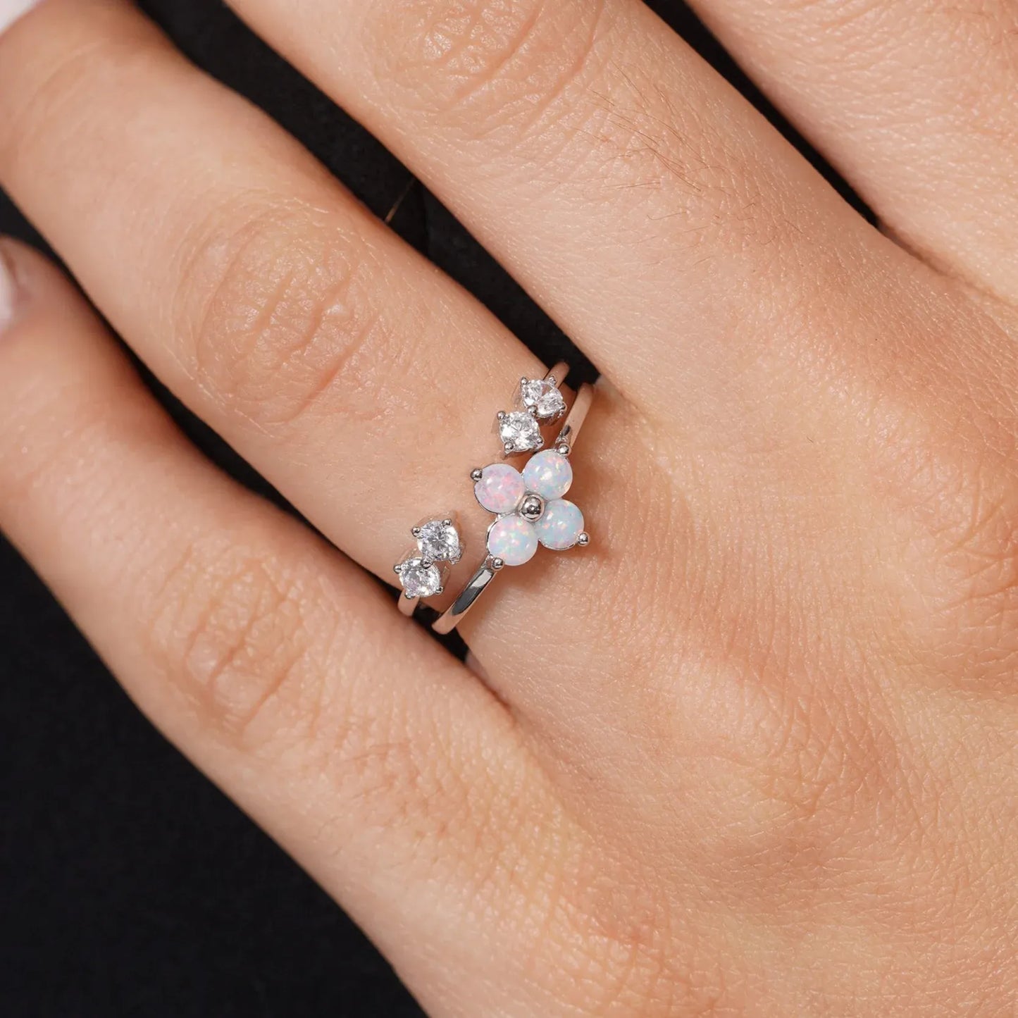 925 Sterling Silver Rhodium Plated Synthetic Opal Clover And Open Bypass Clear CZ Ring Set