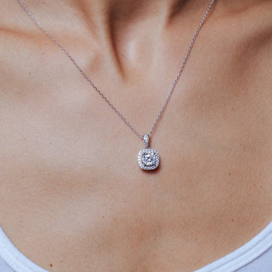 925 Sterling Silver Rhodium Plated Halo Pendant Moissanite Necklace