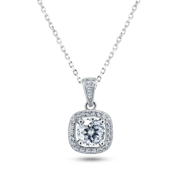 925 Sterling Silver Rhodium Plated Halo Pendant Moissanite Necklace