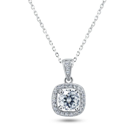 925 Sterling Silver Rhodium Plated Halo Pendant Moissanite Necklace