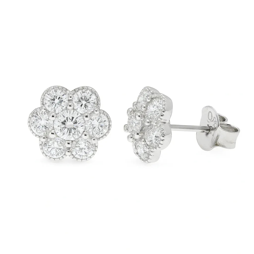 925 Sterling SilverRhodium Plated Moissanite Cluster Flower 8.6mm Stud Earring