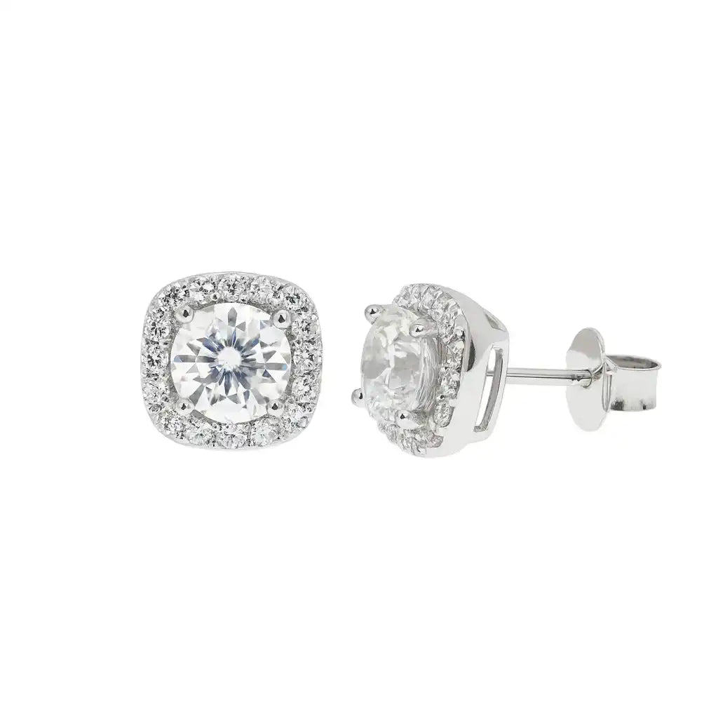 925 Sterling Silver Rhodium Plated Moissanite Cushion Halo 9.5mm Stud Earring