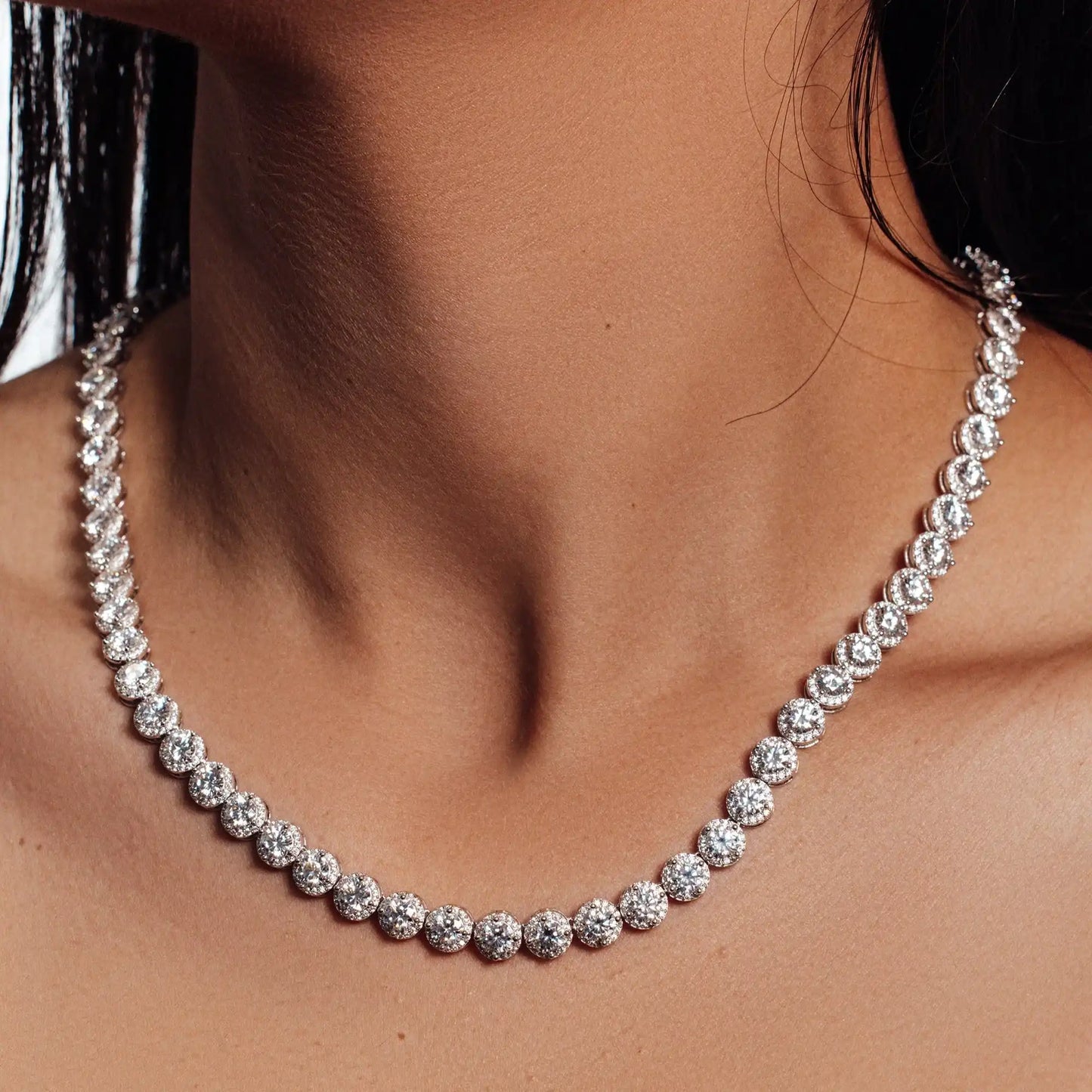 925 Sterling Silver Rhodium Plated Moissanite Stone Halo Tennis Necklace
