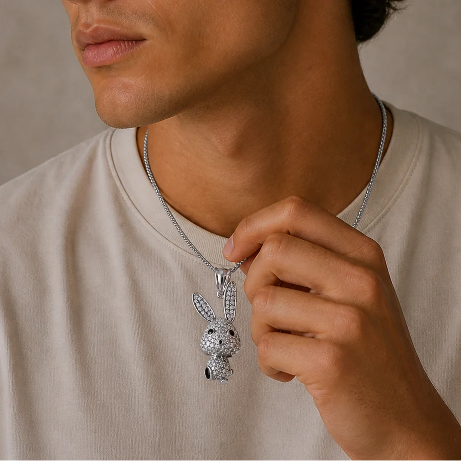 925 Sterling Silver Rhodium Plated Moissanite Whimsical Rabbit Pendant