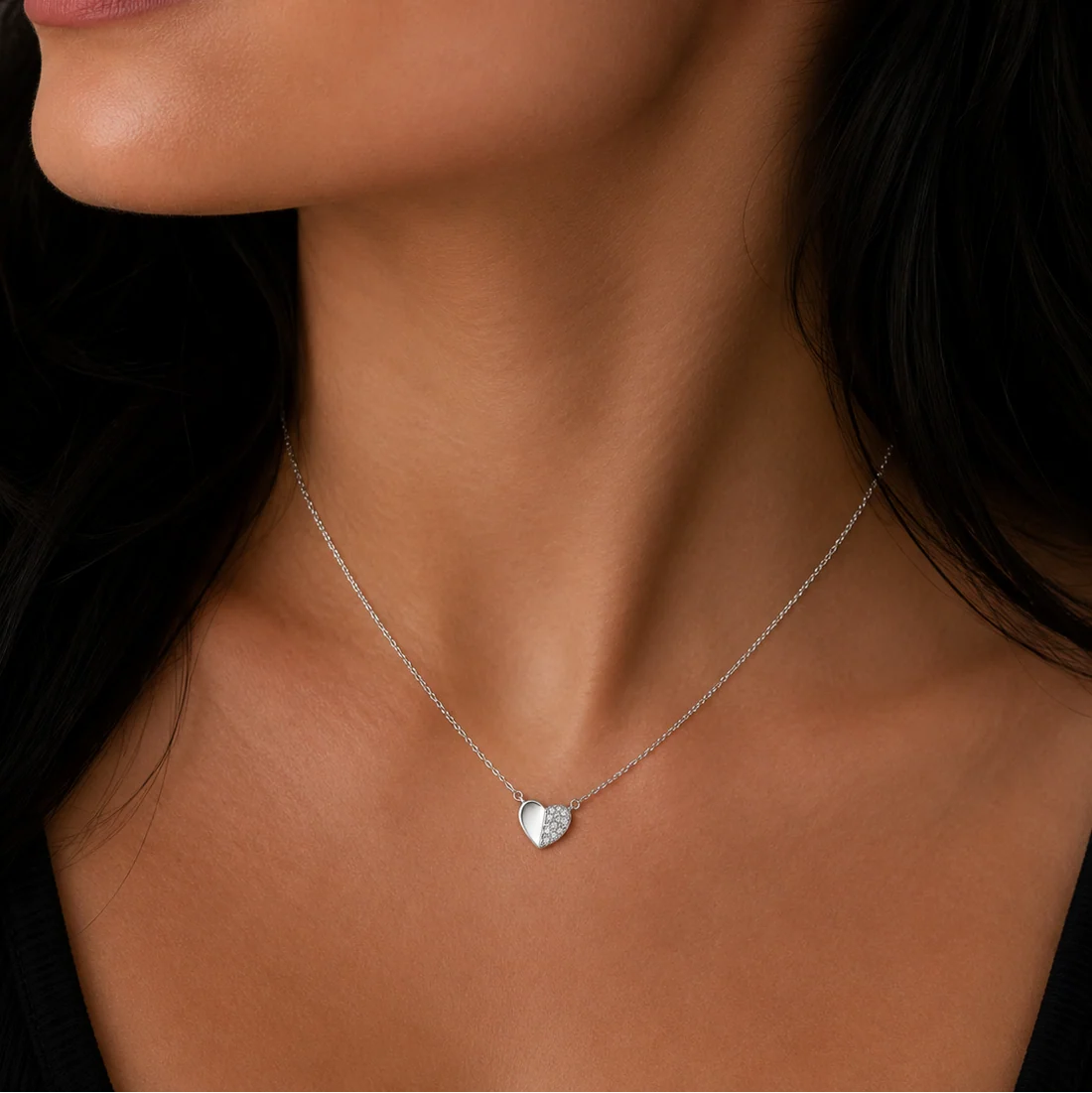 925 Sterling Silver Rhodium Plated Moissanite Half Pavé Heart Pendant Adjustable Necklace
