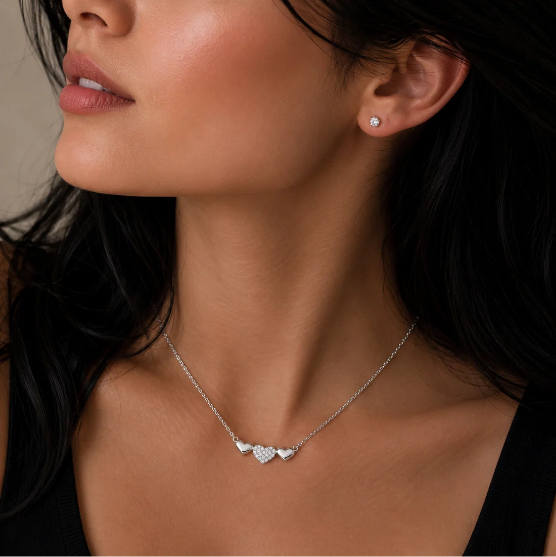 925 Sterling Silver Rhodium Plated Moissanite Triple Heart Pave Necklace
