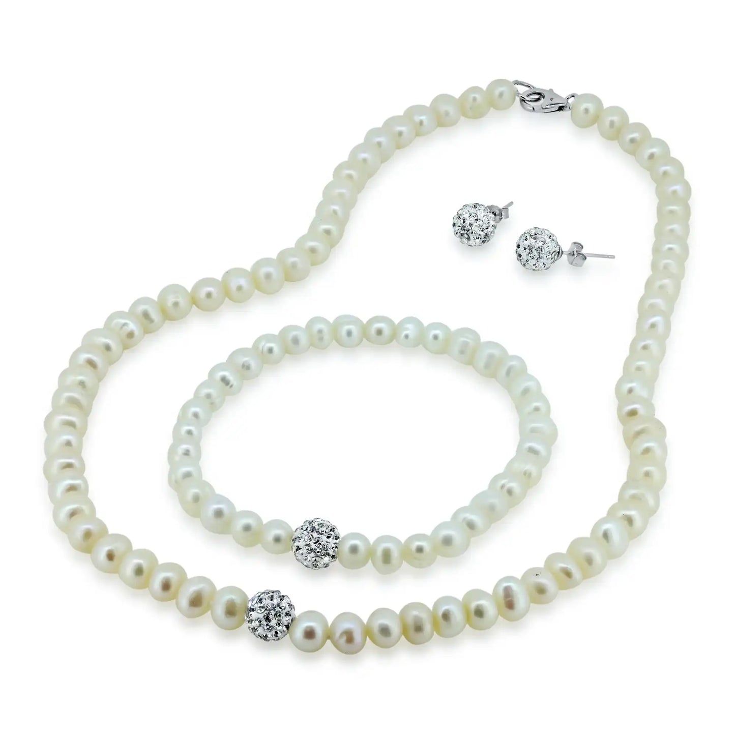 925 Sterling Silver Fresh Water White Pearl Set with CZ Encrusted Bead