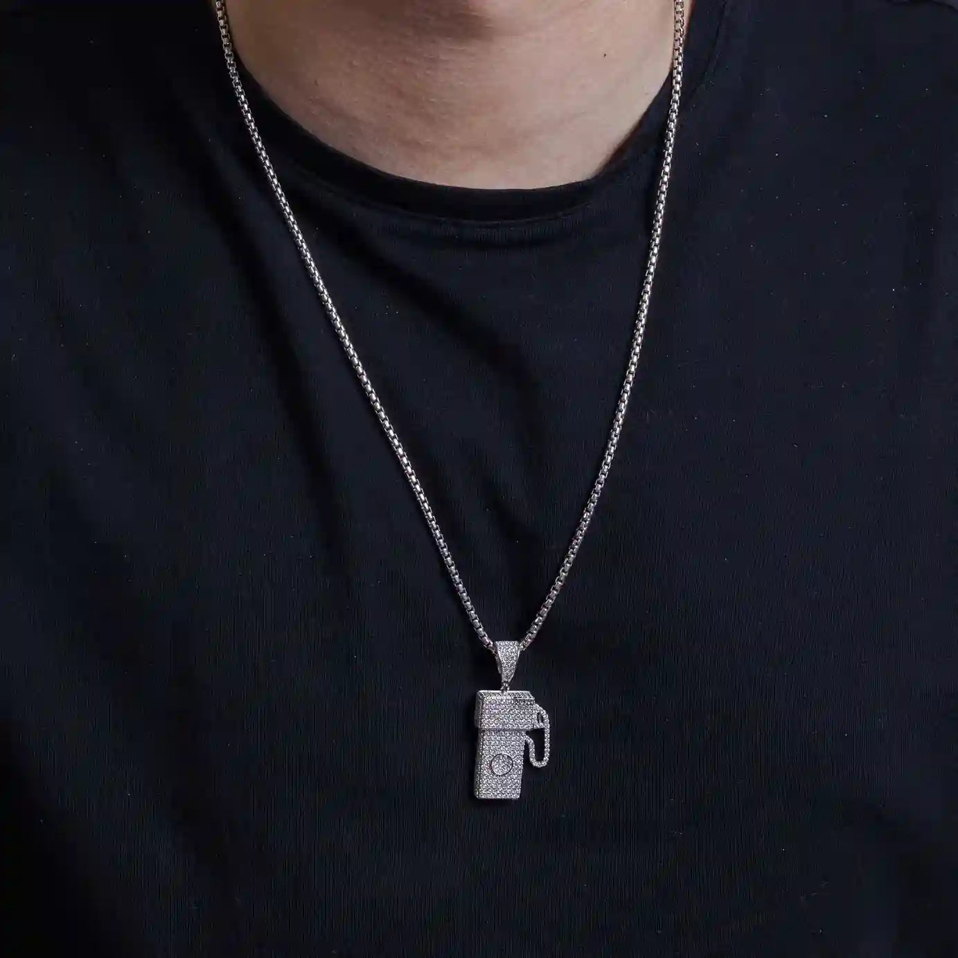 925 Sterling Silver Rhodium Plated CZ Gas Pump Hip Hop Pendant