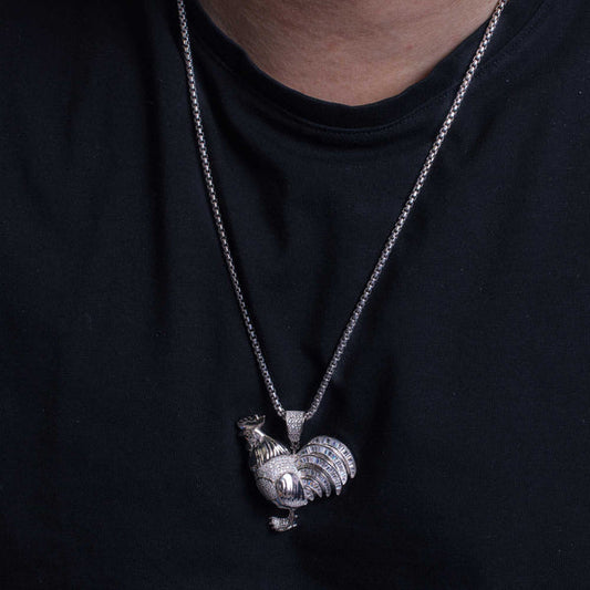 925 Sterling Silver Rhodium Plated CZ Rooster Hip Hop Pendant