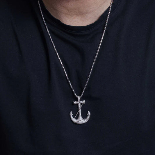 925 Sterling Silver Rhodium Plated CZ Anchor Hip Hop Pendant