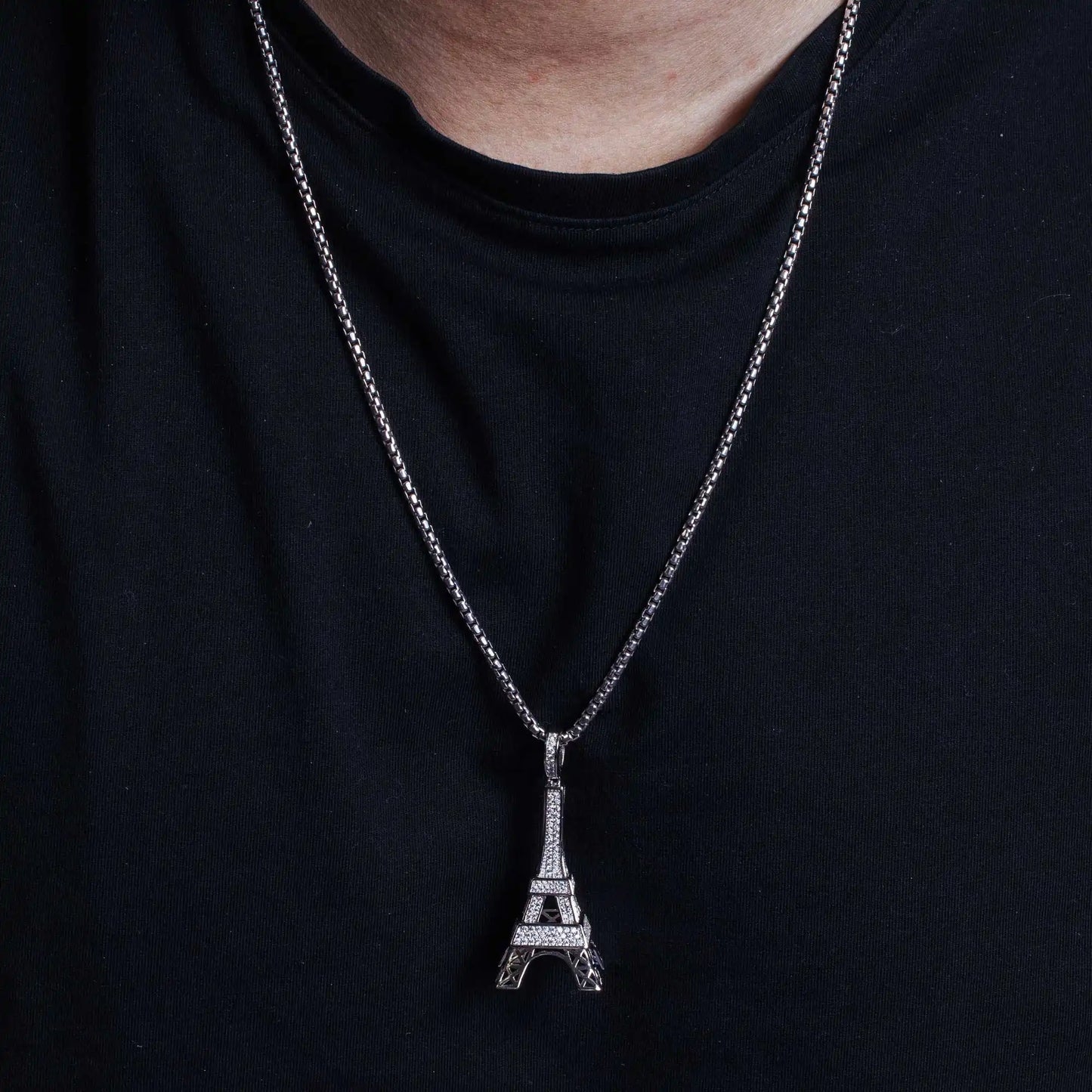 925 Sterling Silver Rhodium Plated CZ Eiffel Tower Hip Hop Pendant