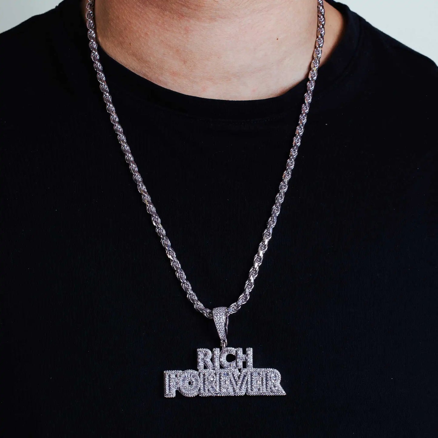 925 Sterling Silver Rhodium Plated CZ FOREVER RICH Hip Hop Pendant