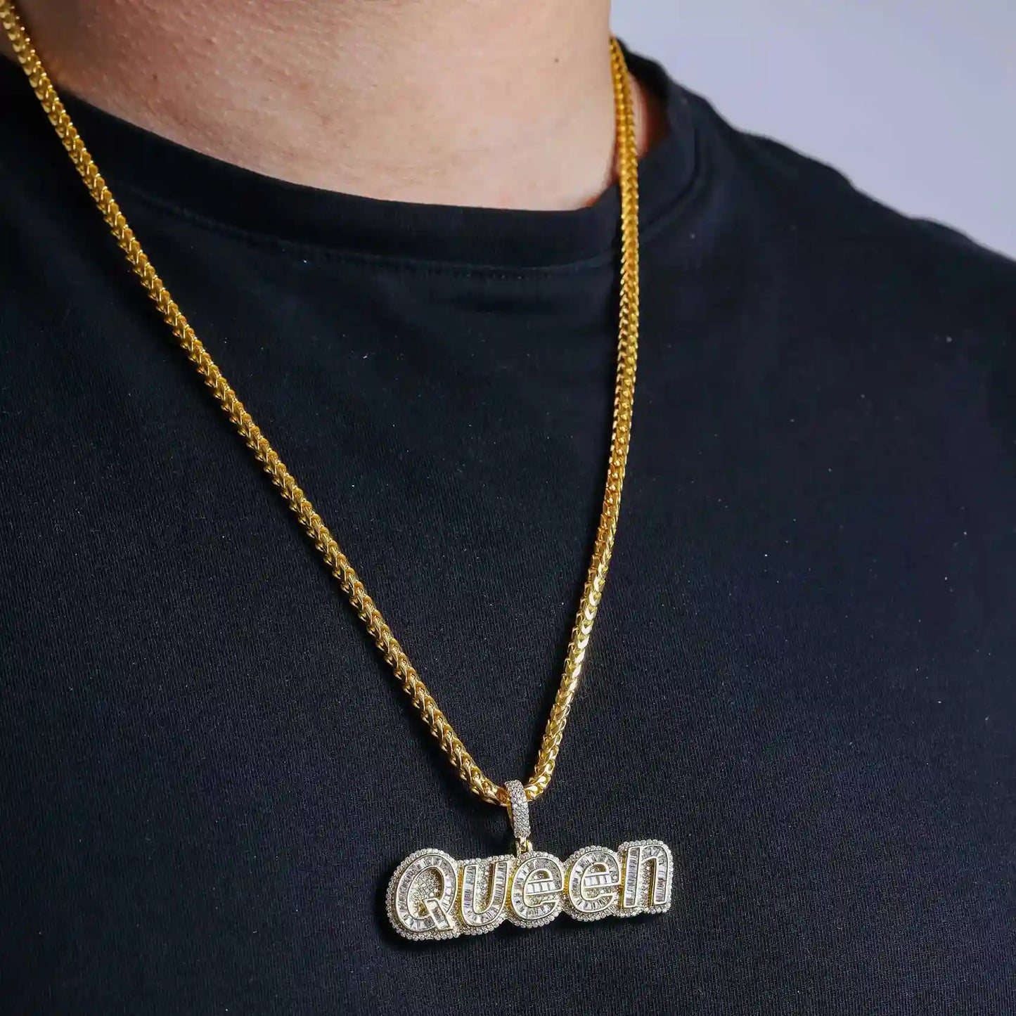 925 Sterling Silver Gold Plated CZ QUEEN Hip Hop Pendant