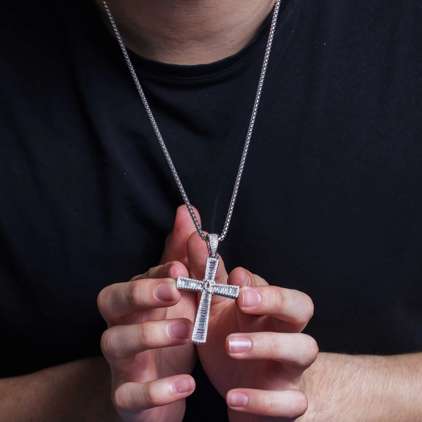 925 Sterling Silver Rhodium Plated CZ Cross Hip Hop Pendant