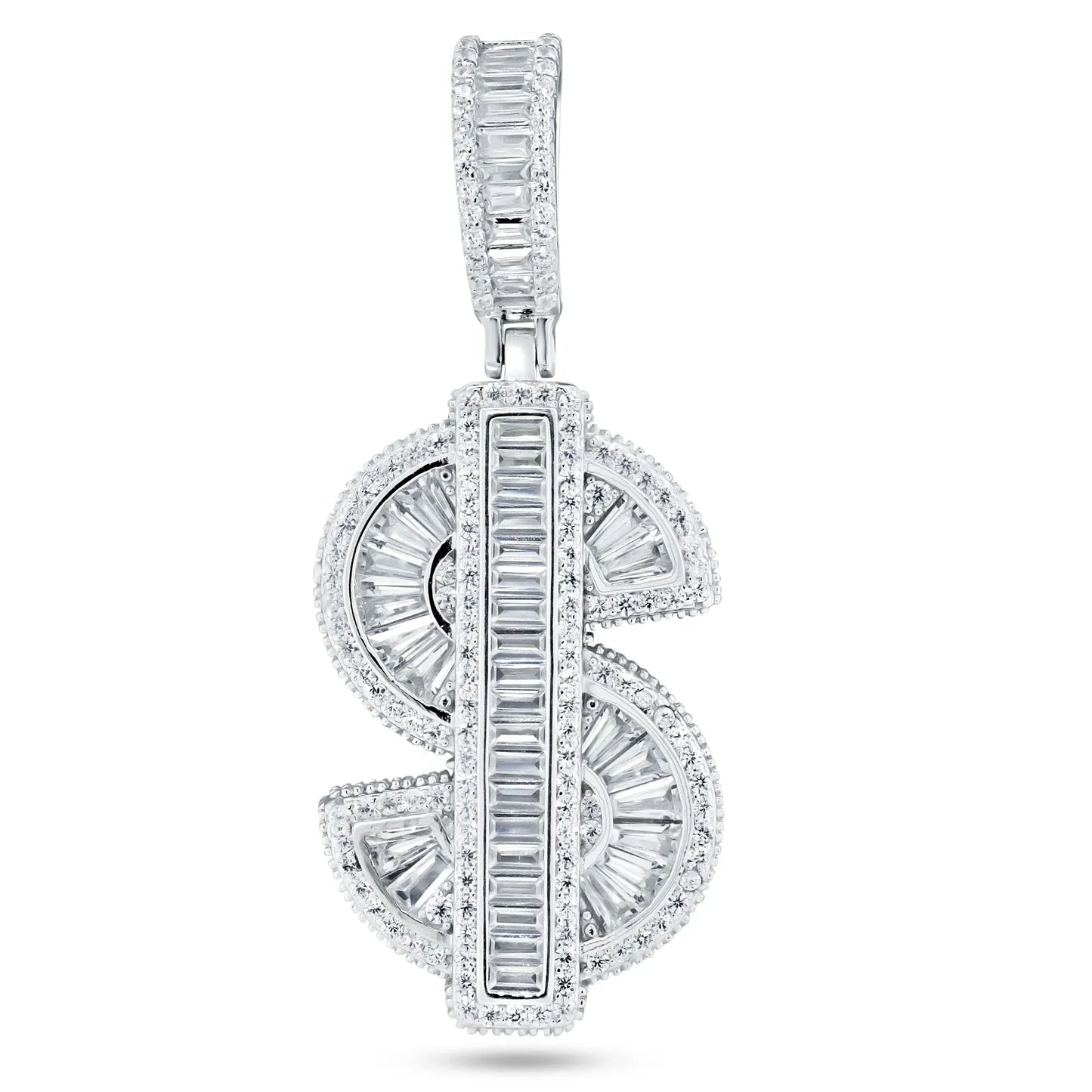 925 Sterling Silver Rhodium Plated Baguette CZ Dollar Sign Pendant