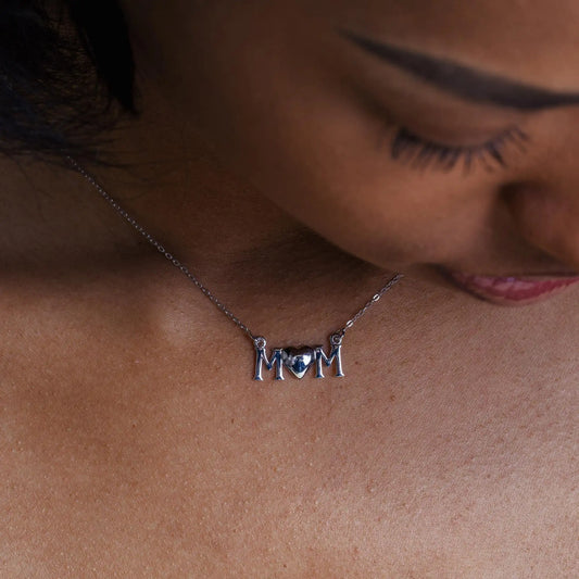 925 Sterling Silver Rhodium Plated CZ MOM Necklace