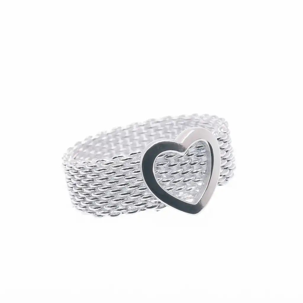 925 Sterling Silver High Polished Mesh Heart Ring