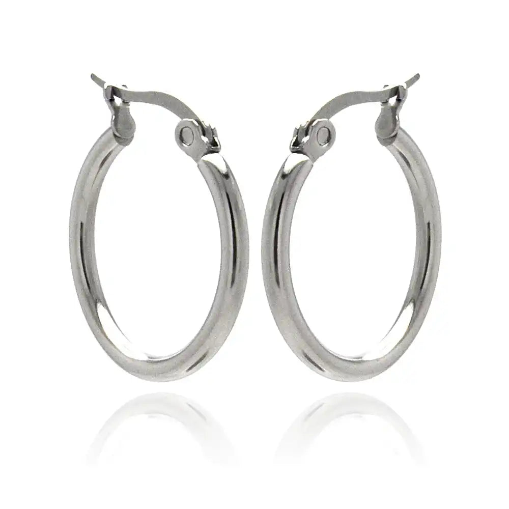Stainless Steel Rhodium Plated Plain Hoop Earrings