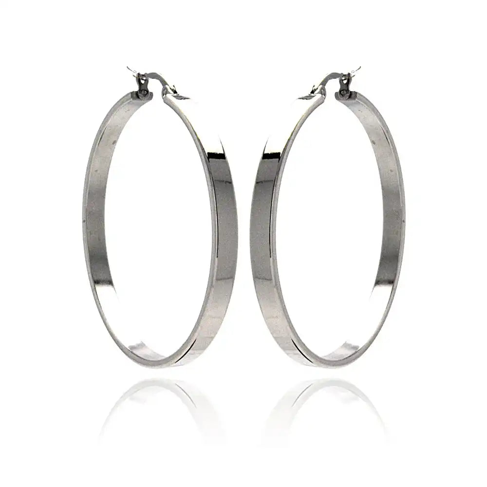 Stainless Steel Rhodium Plated Plain Flat Hoop Earrings