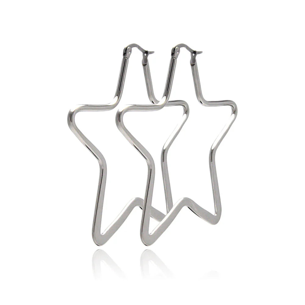 Stainless Steel Rhodium Plated Star Hoop Earrings