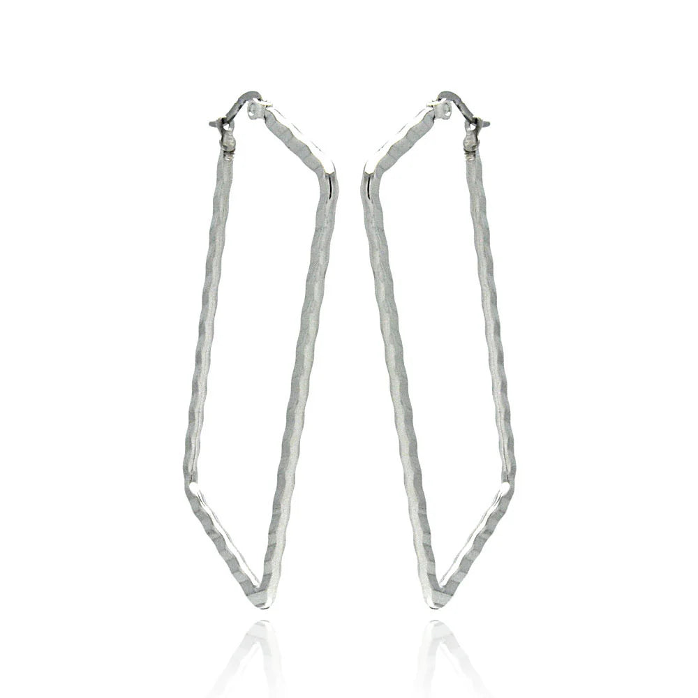Stainless Steel Rhodium Plated Rectangle Crinkle Hoops Earrings