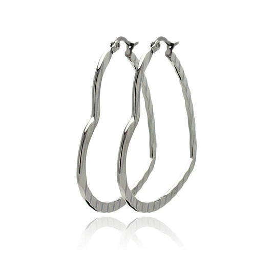 Stainless Steel Rhodium Plated Rectangle Crinkle Heart Hoop Earrings